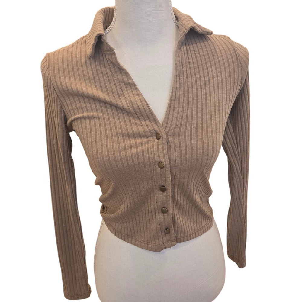 Meraki Ribbed Knit Top‎ Button Up Long Sleeve Brown Collar Crop Minimalist Small